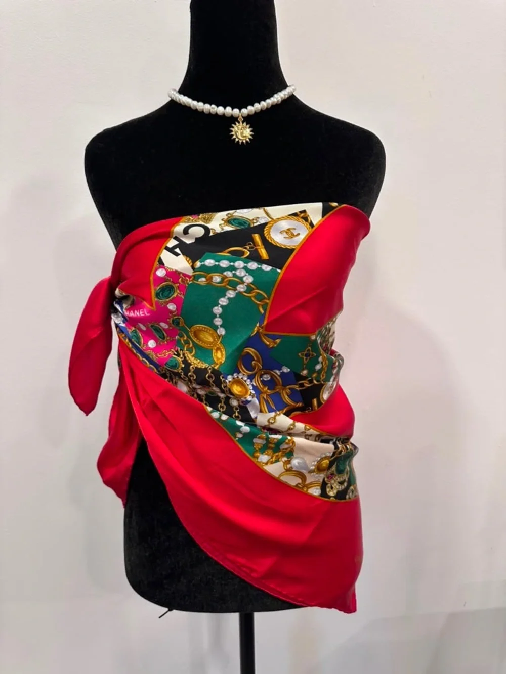 Chanel Silk Scarf Red Hand Rolled